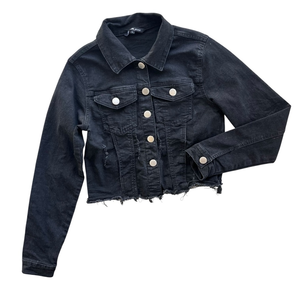 V.I.P. Jeans Womens L Black Denim Crop Button Distressed Cut-Off Hem Jean Jacket